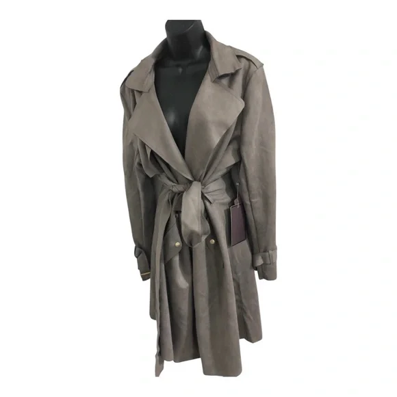Stunning‎ gray faux suede belted trench coat size XL new
